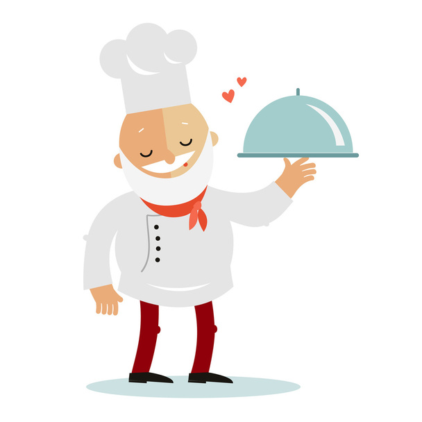 Милий шеф-кухар у формі, що тримає лоток їжі. Ізольовані на білому b
 - Вектор, зображення
