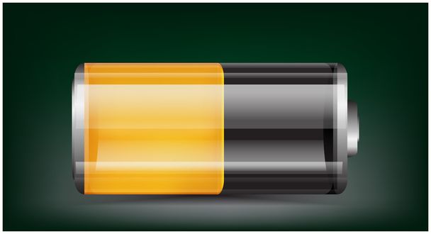 Vector transparent battery illustration. Half charged orange battery on dark background - Wektor, obraz