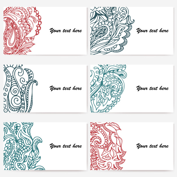 Set of six business cards. Vintage pattern in retro style with doodle.  - Wektor, obraz
