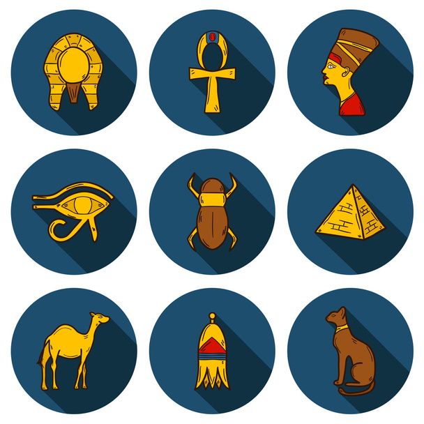 Set of cartoon icons in hand drawn style on Egypt theme: pharaon, nefertiti, camel, pyramid, scarab, cat, eye. Africa travel concept - Vector, imagen