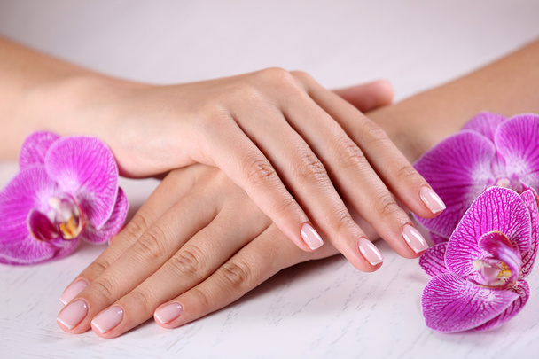 Female hands with french manicure - Φωτογραφία, εικόνα