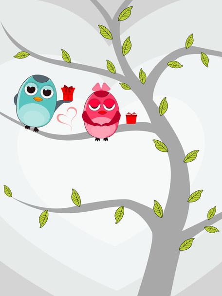 Vector illustration of two love birds sitting on tree with gift - Vecteur, image