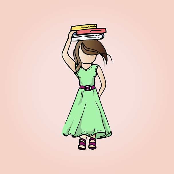 Illustratie vrij bescheiden meisje met boeken. Student meisje op vakantie. - Vector, afbeelding