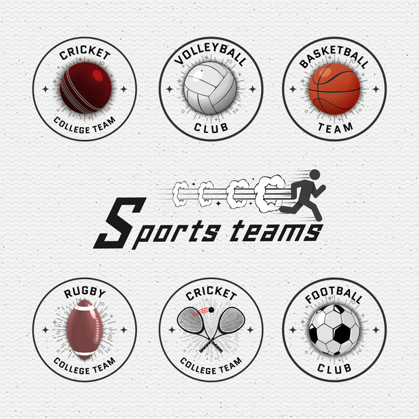 Tücsök, röplabda, foci, kosárlabda, squash, rögbi jelvények logók és feliratok bármilyen használatra - Vektor, kép