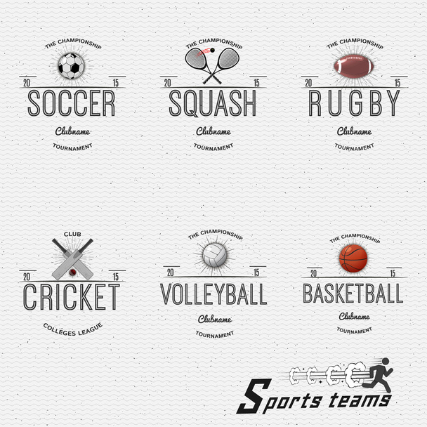 Tücsök, röplabda, foci, kosárlabda, squash, rögbi jelvények logók és feliratok bármilyen használatra - Vektor, kép