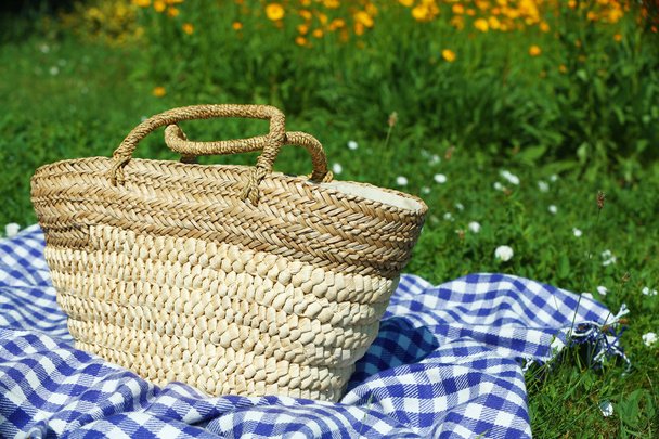 Wicker basket and Plaid for picnic on green grass - 写真・画像