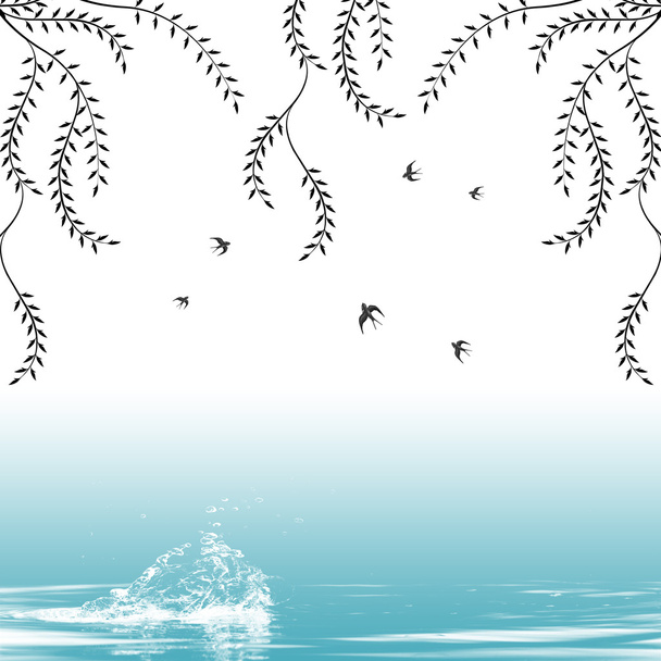 Branch of willow and birds - Vector, Image