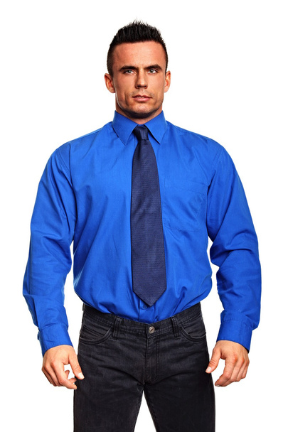 Thinking businessman in blue shirt - Zdjęcie, obraz