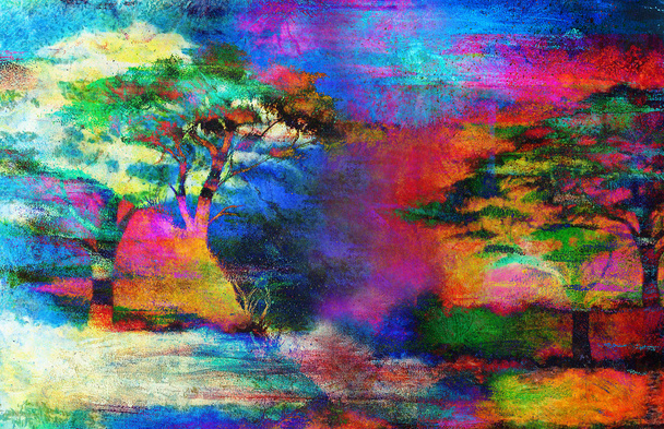 Painting sunset, sea and tree, wallpaper landscape, color collage. - Φωτογραφία, εικόνα