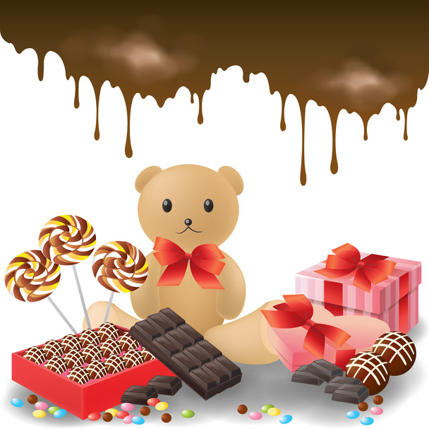 Valentine gifts and sweet candy dessert such as chocolate bar, teddy bear, lollipop, and other present for love couple collection set with melting chocolate background, create by vector - Vector, Imagen