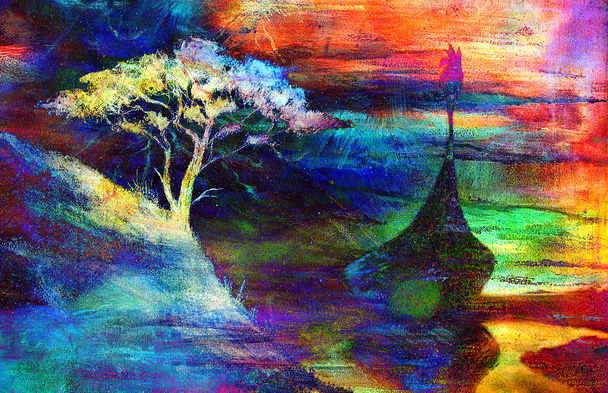 Wikingerboot und Baum am Strand, Boot mit Holzdrachen.Malerei Collage Tapete Landschaft - Foto, Bild