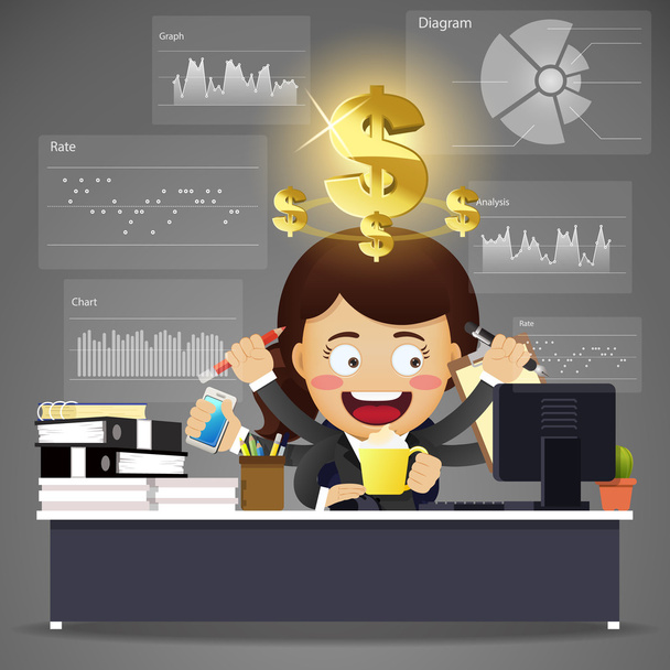 business woman with many arms working on computer with data proc - Vector, Image