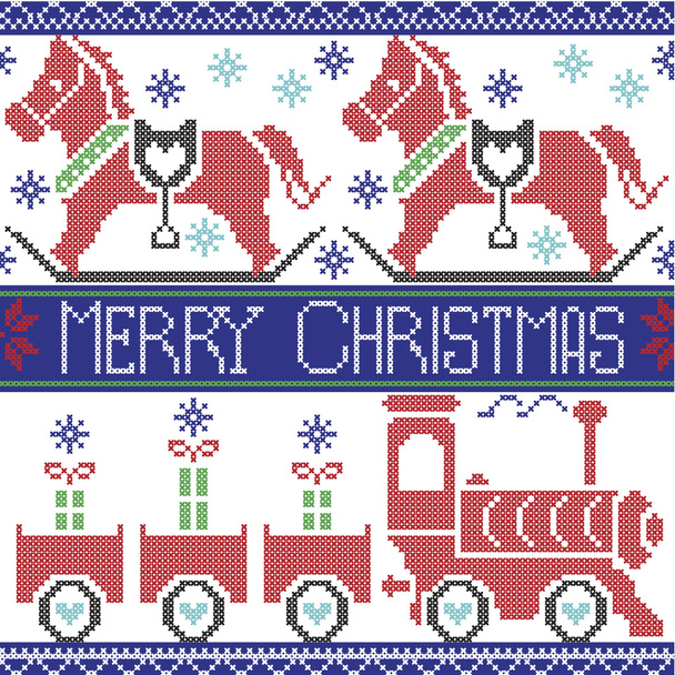 Dark blue, red , light blue, black , red and green Merry Christmas Scandinavian seamless Nordic pattern with gravy train, Xmas gifts, hearts, rocking  pony horse, stars, snowflakes in cross stitch - Vector, Image