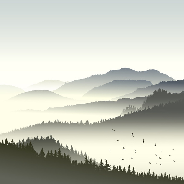 Illustration of coniferous forest on hills in fog. - Vektör, Görsel