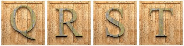 Grupo de letras de madeira Q R S T emoldurado, isolado em branco
 - Foto, Imagem