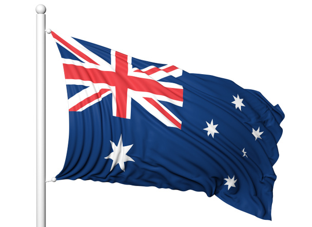 Κουνώντας τη σημαία της Αυστραλίας στο κοντάρι σημαίας, απομονώνονται σε λευκό φόντο. - Φωτογραφία, εικόνα