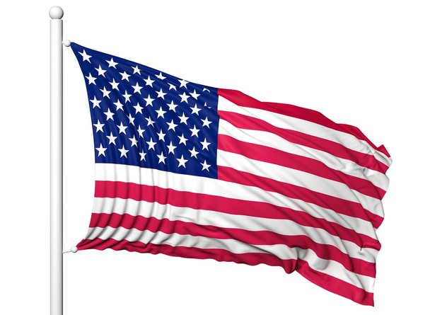 Κουνώντας τη σημαία των ΗΠΑ στο κοντάρι σημαίας, απομονώνονται σε λευκό φόντο. - Φωτογραφία, εικόνα