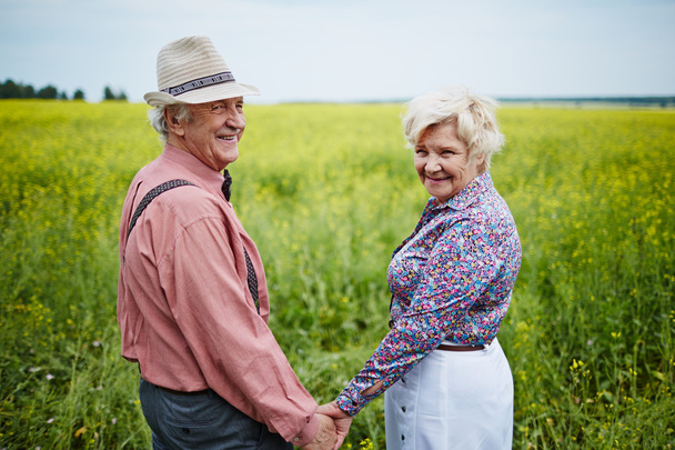 Seniorenpaar hält sich auf dem Feld an der Hand - Foto, Bild