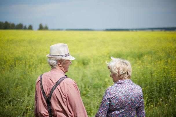 un par de ancianos caminando por el prado
 - Foto, Imagen