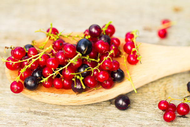 Fresh ripe currant berries bowl on wooden table background - Foto, Imagen