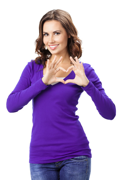 Mulher mostrando gesto símbolo do coração, isolado
 - Foto, Imagem