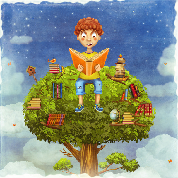 Εικόνα του νεαρό αγόρι κάθεται σε ένα δέντρο και διαβάζει ένα βιβλίο  - Φωτογραφία, εικόνα