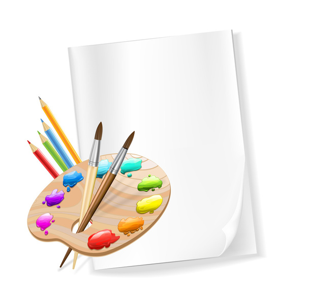 blank paper, color pencils, palette, brushes. vector - Διάνυσμα, εικόνα