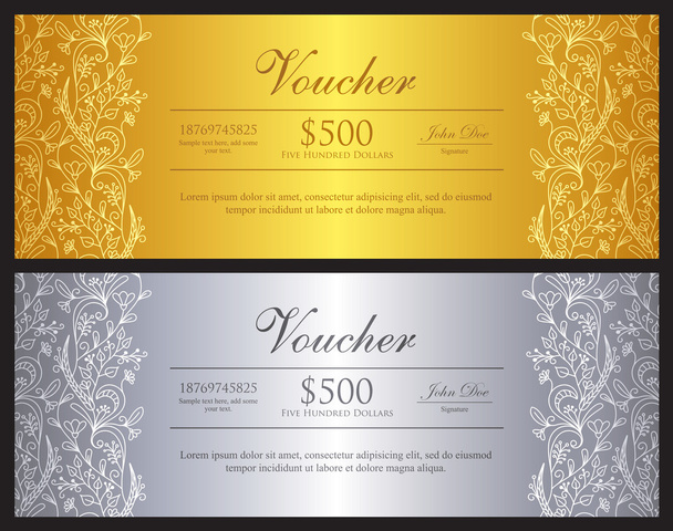 Gold and silver voucher with ornamental floral pattern - Vector, Image