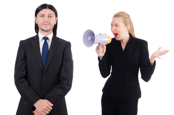 Бизнесмен и бизнесвумен с мегафоном изолированы на белом
 - Фото, изображение