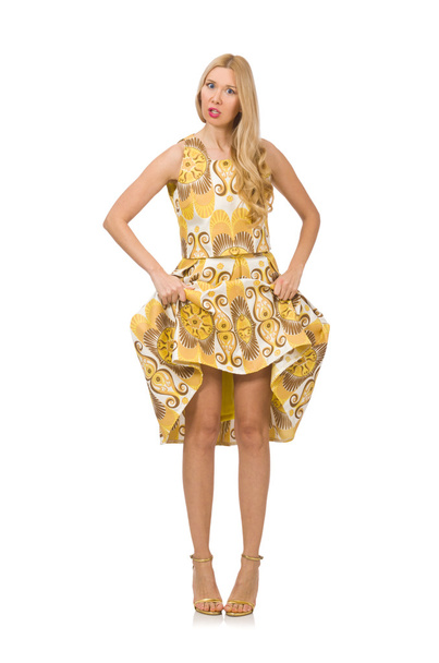 Csinos lány sárga virágos ruha elszigetelt fehér - Fotó, kép