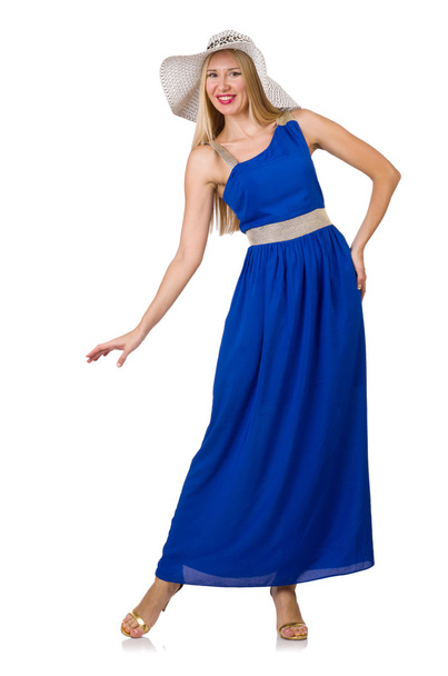 Hermosa mujer en vestido azul largo aislado en blanco - Foto, Imagen