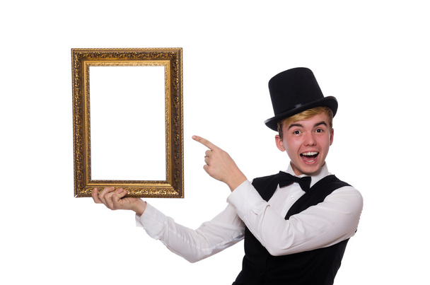 Guy with photo frame isolated on white - Foto, Imagem
