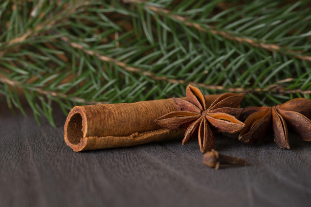 star anise and fir  on background a wooden boards  - Photo, Image