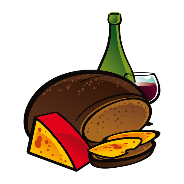 ライ麦パンとチーズとワイン - ベクター画像