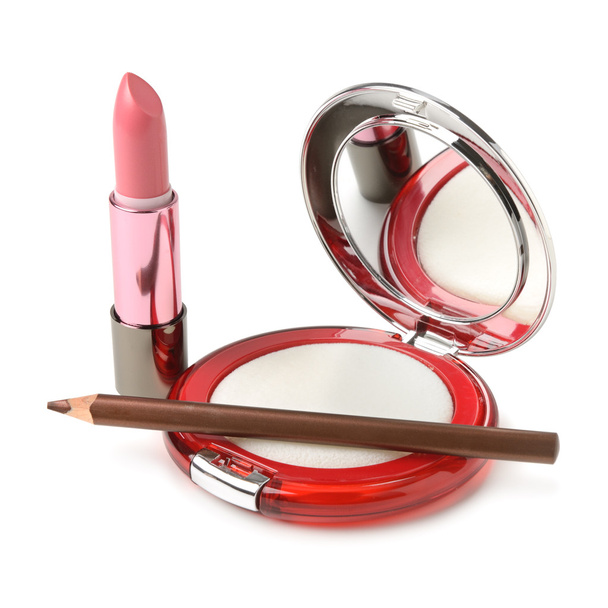 Powder, lipstick and eyeliner pencil - Фото, изображение
