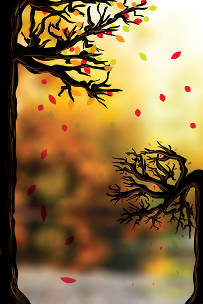 Осенний фон с деревьями и опадающими листьями
  - Вектор,изображение