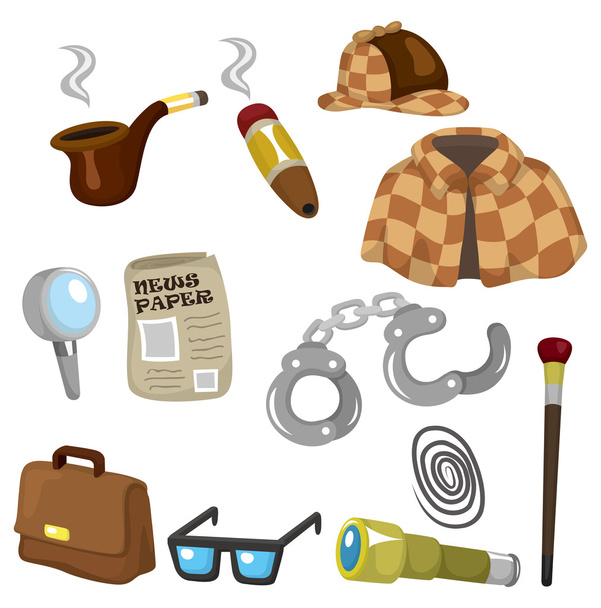 Cartoon detective equipment icon set - Vector, imagen