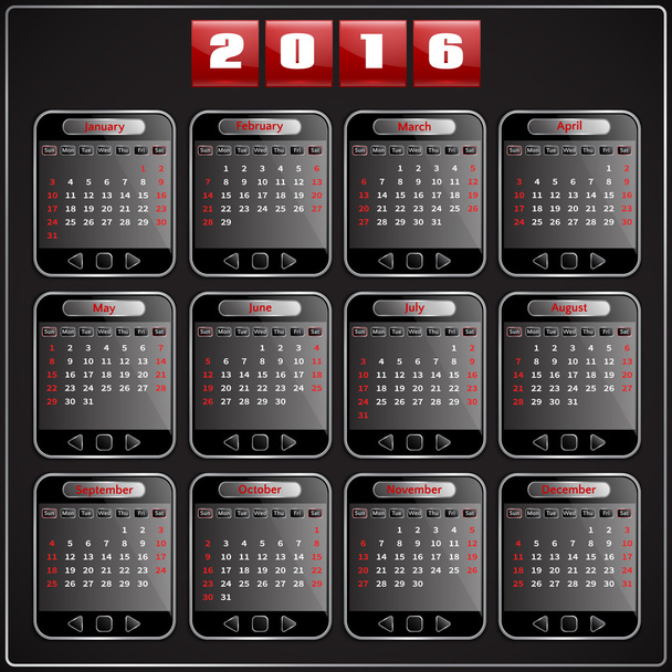 Kalender 2016 Vektor Sonntag ersten 12 Monate, Techno-Gadget digitalen Stil - Vektor, Bild