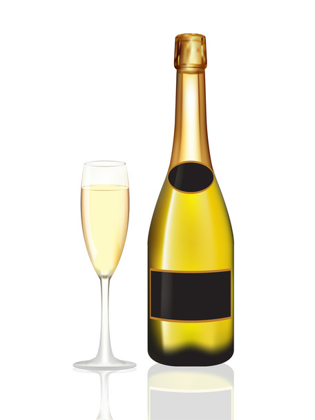 gele champagnefles en champagne glas op wit - Vector, afbeelding