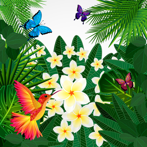 Tropical floral design background with bird, butterflies. - Vektor, kép