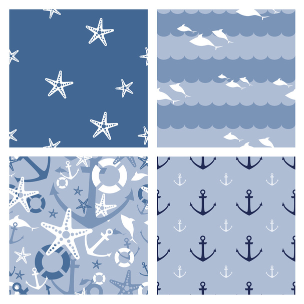 Set of 4 marine themed seamless vector patterns - Vector, afbeelding