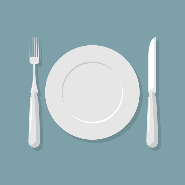 Empty white plate top view. Knife and fork. Cutlery. Vector illu - Vektor, Bild