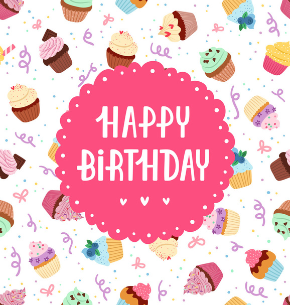 Cumprimentos de aniversário feliz em um padrão sem costura cupcakes
 - Vetor, Imagem