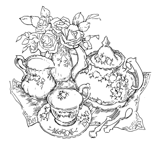 Hand made sketch of tea sets. Vector illustration. - Vector, imagen