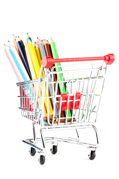 Shopping cart with many pencils - Zdjęcie, obraz