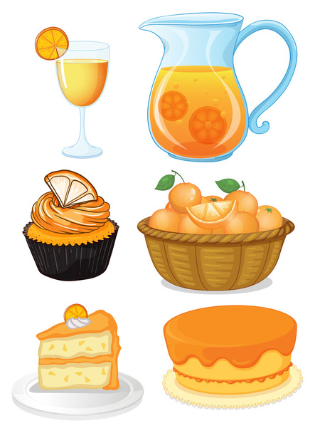 orangefarbene Desserts und Saft - Vektor, Bild