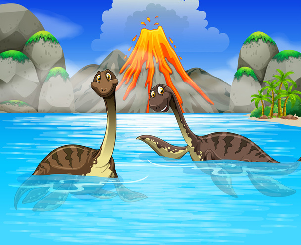 Dinosaurukset uivat järvessä
 - Vektori, kuva