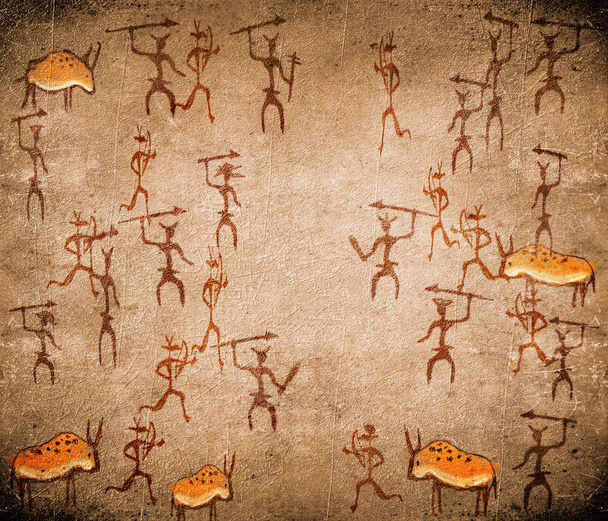 Pintura rupestre prehistórica con escena de guerra
 - Foto, Imagen