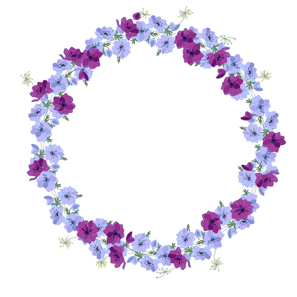 Detailed contour wreath with anemone flowers isolated on white. - Διάνυσμα, εικόνα