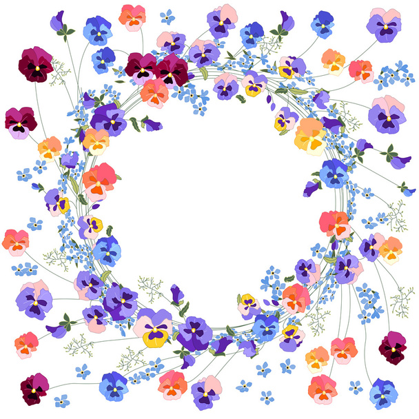 Detailed contour wreath withviola and forget-me-not  flowers isolated on white. - Vettoriali, immagini